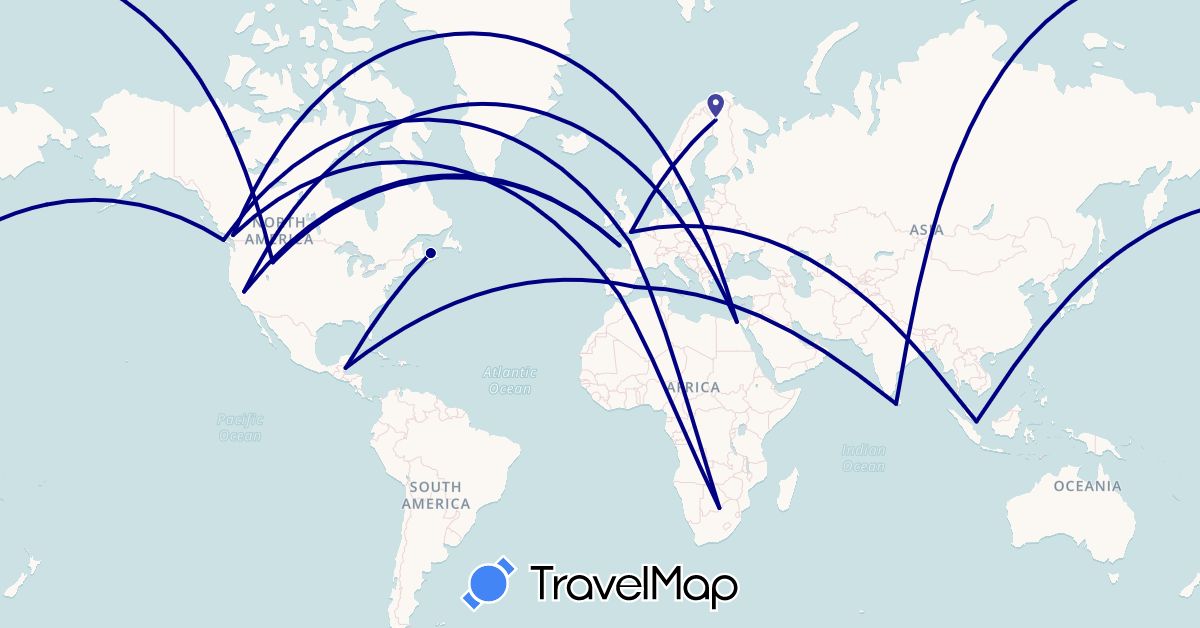 TravelMap itinerary: driving in Botswana, Belize, Canada, Egypt, Spain, Finland, France, United Kingdom, Indonesia, Sri Lanka, United States (Africa, Asia, Europe, North America)